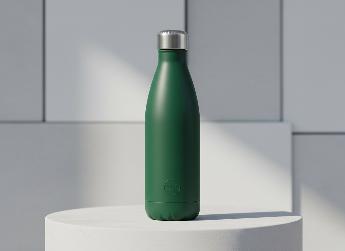 A sleek, matte-finished stainless steel water bottle in deep forest green, with a minimal embossed Stíl logo and a brushed metal screw cap, stands upright on a pale concrete surface. Behind it, a softly blurred backdrop of light grey and off-white panels suggests a refined studio space. Cool, diffused daylight from the left creates gentle highlights along the curved body and a crisp, understated shadow to the right. Photographic realism with a clean, modern aesthetic, shot at eye level using a shallow depth of field. The mood is sophisticated and calm, emphasizing premium quality and timeless design, ideal as a hero product image for an upscale Irish-owned water bottle brand.