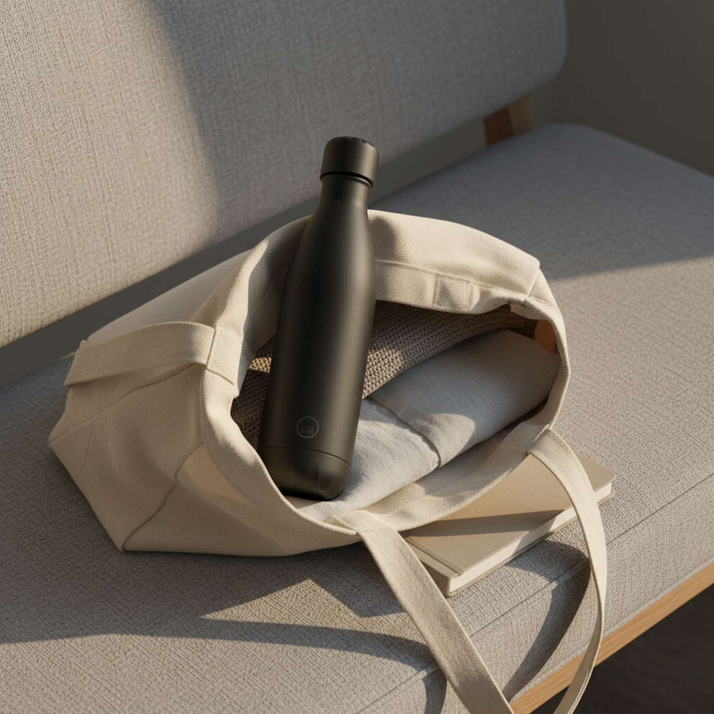 A single charcoal black Stíl water bottle rests inside an open, neatly packed canvas tote on a soft linen-covered bench. The bottle’s surface is matte and flawless, with a slim silhouette and subtle engraved logo near the base. Around it, folded neutral-toned textiles and a closed hardcover notebook create a composed everyday-carry scene. Soft morning daylight filters in from the right, casting delicate shadows and producing a gentle highlight along the bottle’s contour. Photographic realism with an understated, minimalist style, shot from a slightly elevated three-quarter angle. The mood is serene and organized, suggesting practical elegance for daily commuting, work, or university life without any human presence.