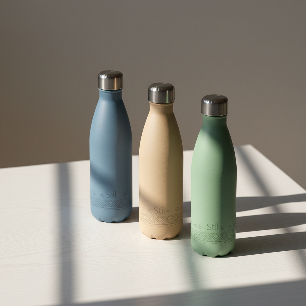 A trio of Stíl water bottles in complementary muted tones—slate blue, sand, and soft moss—arranged diagonally across a white oak tabletop. Each bottle features a powder-coated texture, subtle Irish-inspired geometric etching near the base, and refined metal lids with a satin sheen. Natural afternoon light from a nearby unseen window washes across the scene, creating layered shadows and delicate reflections on the wood grain. The background fades into a smooth, warm grey gradient, photographically rendered. Captured from a slightly elevated angle with balanced composition, the atmosphere feels curated and contemporary, showcasing the color range and cohesive brand identity in a sophisticated, lifestyle-oriented way.