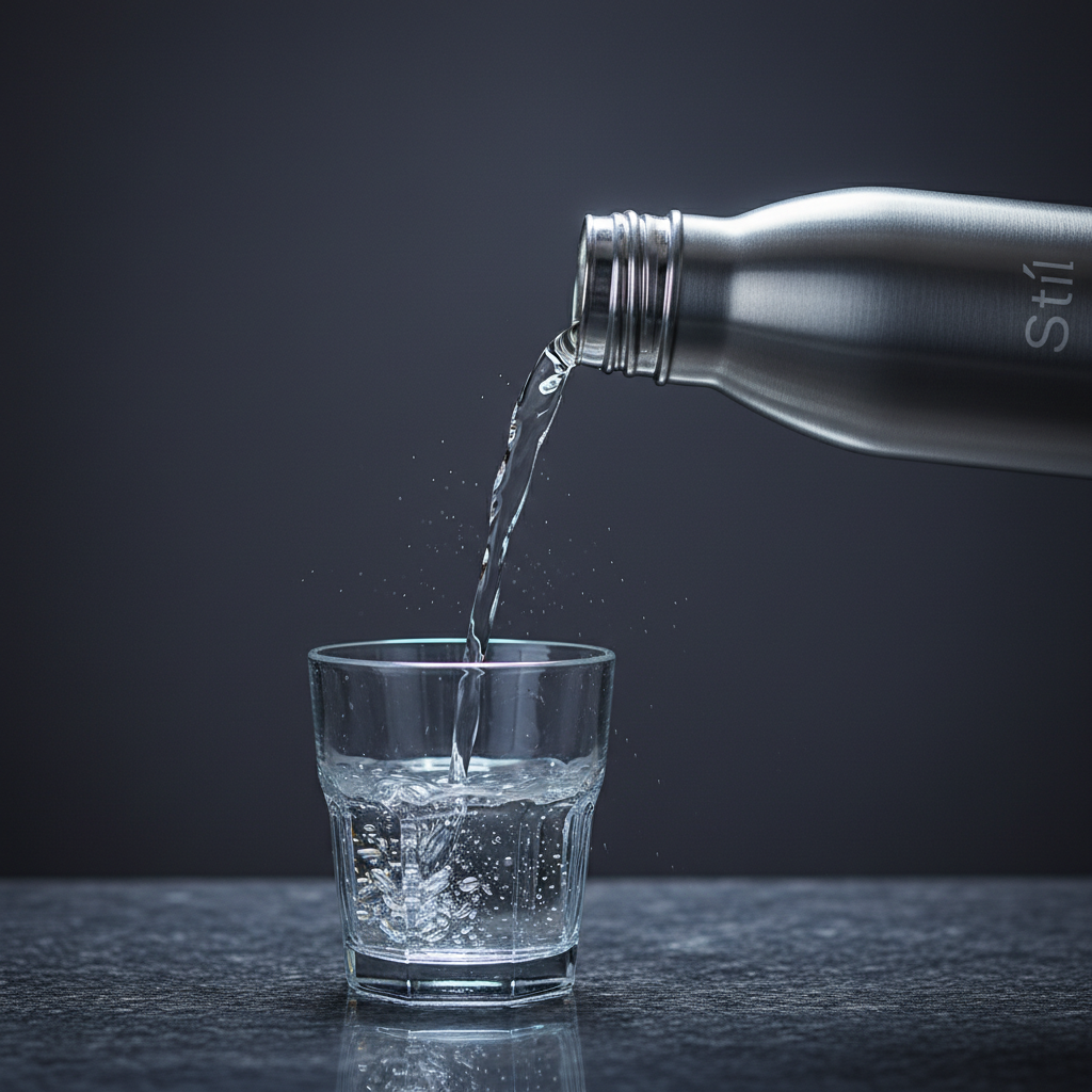 A close-up, side-on view of a brushed stainless steel Stíl bottle pouring a smooth arc of water into a clear, faceted glass resting on a dark stone countertop. The bottle’s subtle texture, seamless curves, and refined cap threading are crisply detailed. Cool, directional studio lighting from above and behind highlights the water’s motion, catching tiny droplets and creating a luminous rim along the bottle’s edge. The background falls into a deep, softly blurred charcoal gradient, emphasizing the action. Photographic realism with dramatic, high-contrast lighting, shot with a fast shutter to freeze motion. The atmosphere feels precise, refreshing, and premium, underscoring durability and performance in everyday hydration.